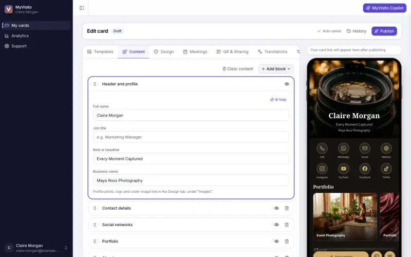 The editor with a live preview of the card