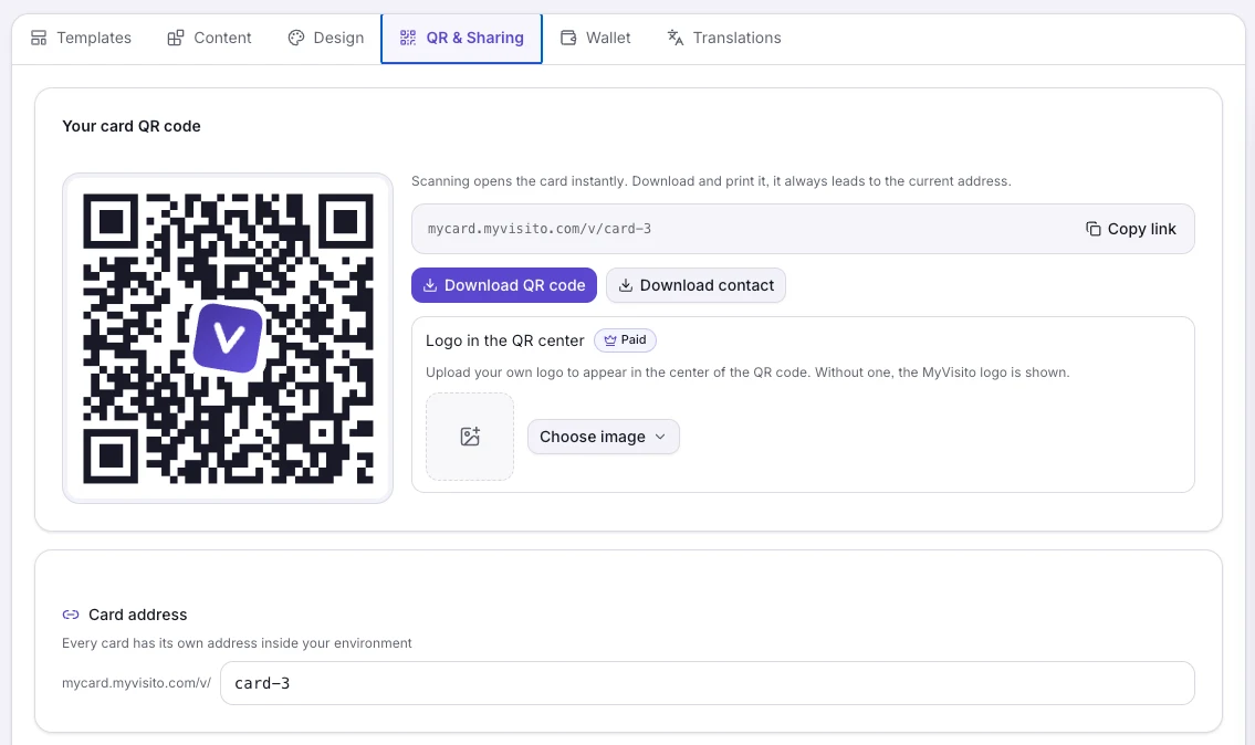 Your own address and a QR code for sharing the card