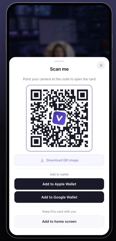 כפתורי Apple Wallet ו-Google Wallet בחלונית ה-QR של הכרטיס