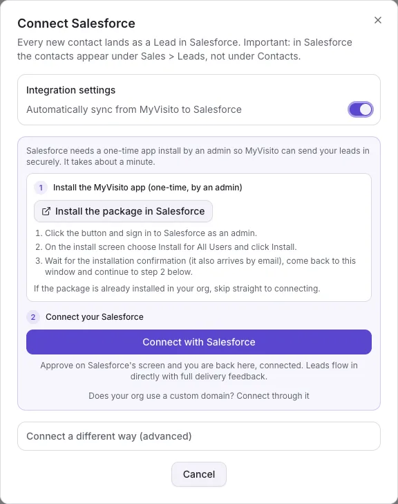 The Salesforce connect dialog with the install step