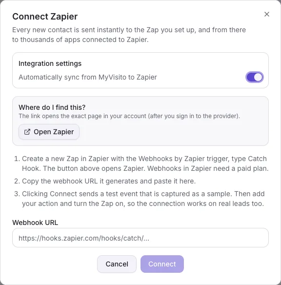 The webhook connect dialog with a URL and a signing secret